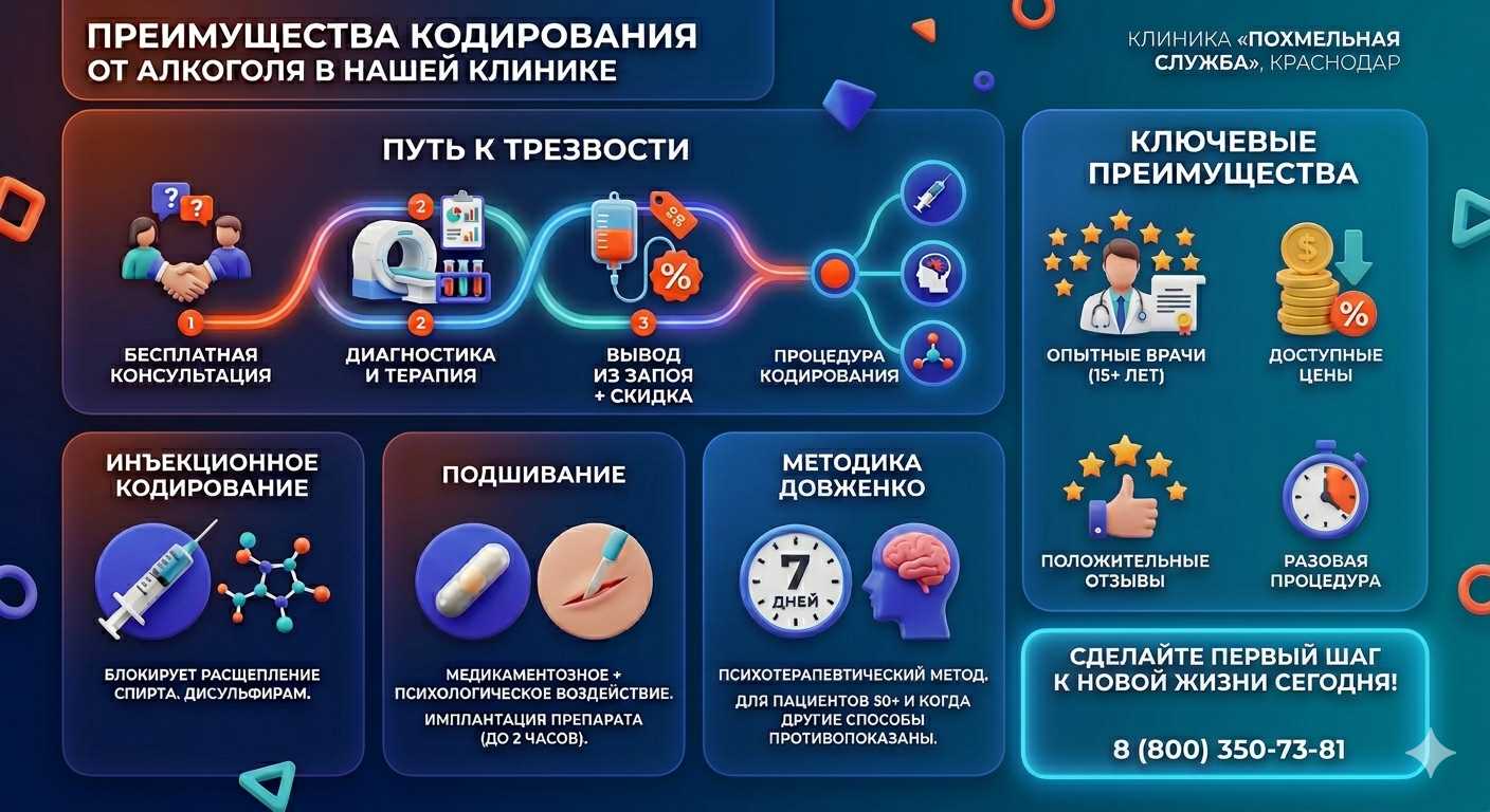 Инфографика о методах кодирования от алкоголя в Омутнинске: инъекции, подшивание, метод Довженко. Преимущества клиники и этапы лечения.